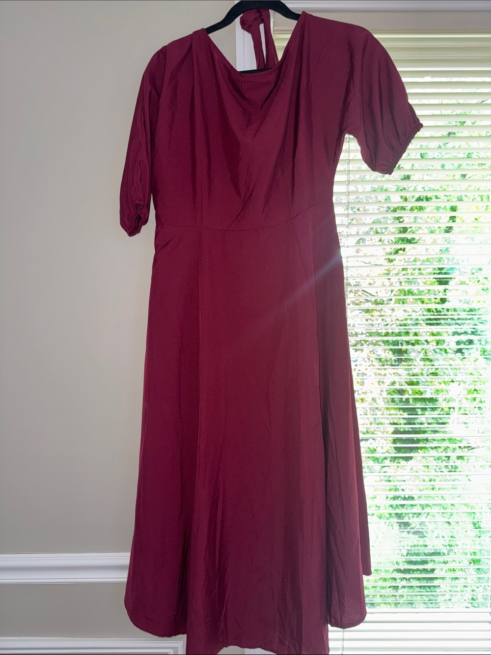 NWT Burgundy Midi Dress Size Large Puff Sleeve Wrap Style A-Line Dress - Picture 3 of 5